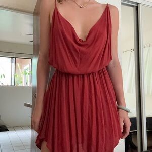 Indah Orange Ruched Cowl Neck Mini Dress